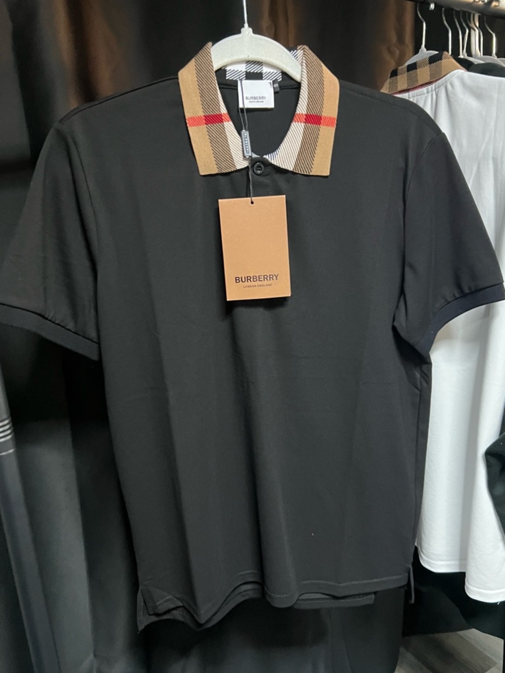 Burberry Black Polo with Signature Beige Check Collar